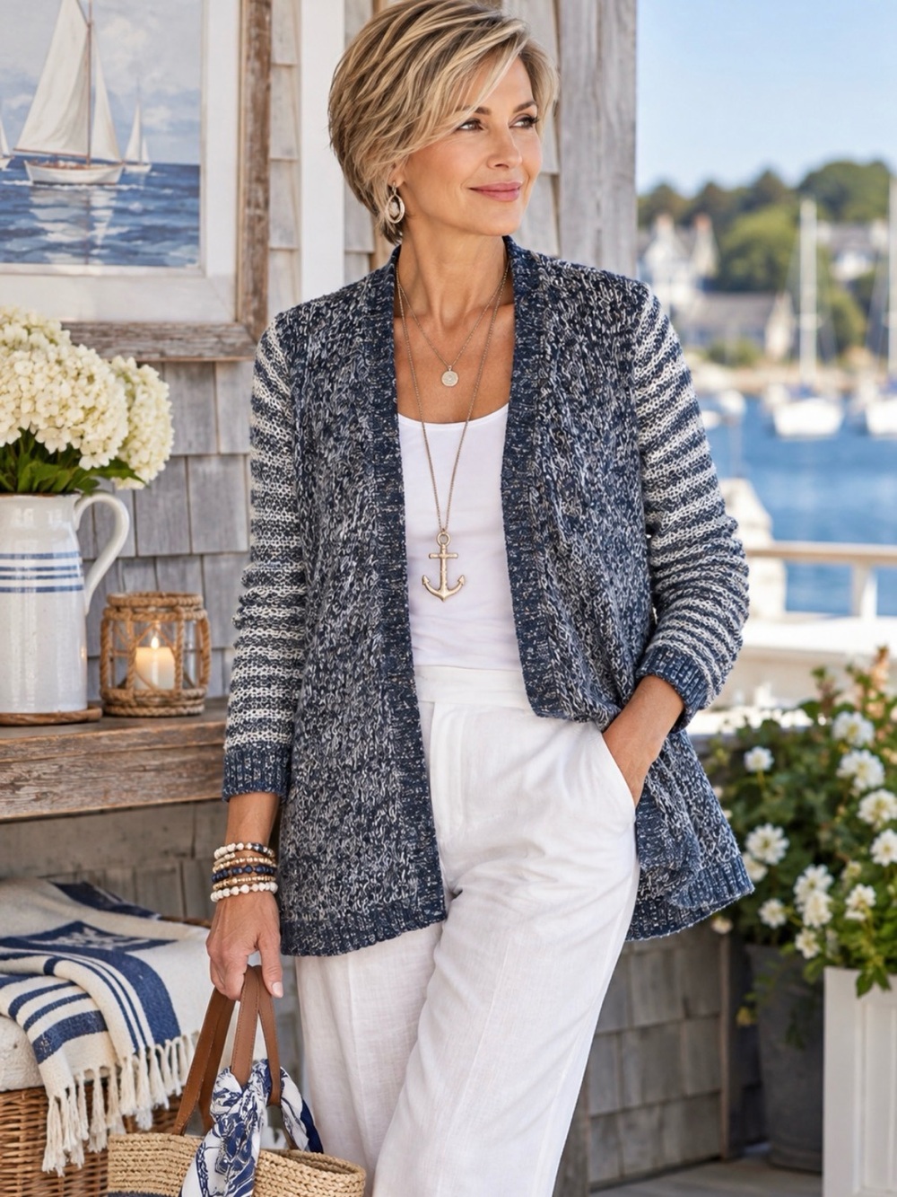 Women's Blue & white Marled Open Knit Sweater Beachy Christopher & Banks Sz. LG